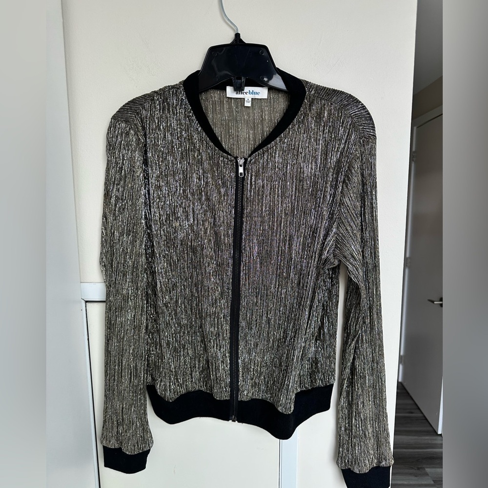 Alice Blue Metallic Gold Ribbed Trim Cropped Jacket Shimmer Evening Layer | Sz S - Picture 3 of 8